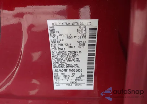 2004 Nissan Titan Le из США, поврежденный, VIN 1N6AA07B14N525633